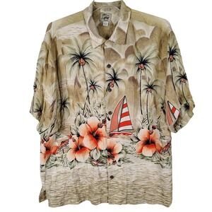 Red Turtle Mens Silk Hawaiian‎ Shirt Large Tan Tropical Sailboat Hibiscus Print